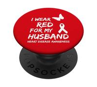 Heart Disease Awareness I Wear Red For My Husband Ribbon PopSockets PopGrip Adhesivo
