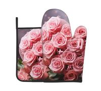 Heart Roses - Juego de 2 manoplas de horno y soporte para ollas, resistentes al calor, antideslizantes, guantes de cocina y almohadilla para hornear, cocinar, asar a la parrilla