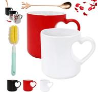 Heart-Shaped Color Changing Magic Ceramic Mug, Valentine Themed Heart Shaped Handle Ceramic Coffee Cup Funny Color Changing Coffee Cup with Red Heart Design for Weddings & Anniversaries (2* C)