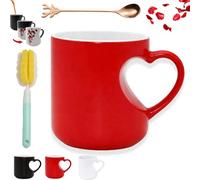 Heart-Shaped Color Changing Magic Ceramic Mug, Valentine Themed Heart Shaped Handle Ceramic Coffee Cup Funny Color Changing Coffee Cup with Red Heart Design for Weddings & Anniversaries (Red)