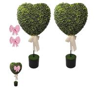 Heart Shaped Faux Boxwood Topiary Tree with Planter Pot, Valentine's Day Heart Shaped Topiary Trees with Bow, Romantic Hearts Decor for Home Porch Decor (2PCS)