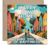 Heartfelt New Home Card - Tarjeta de felicitación para un nuevo capítulo brillante que te espera, ilustración colorida de casas y parejas, llena de vibraciones para sentirse bien, cuadrada de 145 mm