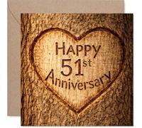 Heartfelt - Tarjeta de 51 aniversario, diseño de corazón tallado en madera para un 51 aniversario, recuerdo cálido y atemporal, cuadrado de 145 mm, sobre incluido
