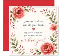 Heartfelt - Tarjeta de buena suerte, un gran impulso de aliento, diseño de flores alegres y corazones en rosa y rojo, cuadrado de 145 mm, sobre incluido