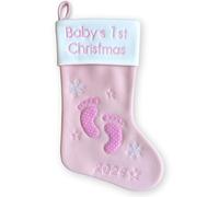 Heart's Sign Babys First Christmas Stocking 2025 Footsteps | My First Christmas Baby Boy and Baby Girl | Medias para recién nacidos, adornos de Navidad (rosa)