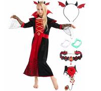 Heartsking Disfraz Vampiresa Niña, Disfraz Halloween Niña, Disfraz Gótico de Vampiro con Collar Pulsera Dentadura Vampiro, Vestido Vampiro para Niñas para Halloween Carnaval Fiesta(S)