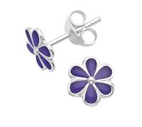 Heather Needham Silver Pendientes de plata de ley con diseño de margaritas, esmalte morado, tamaño: 7 mm, mucho más pequeños de lo que se muestra, en caja de regalo 5578PP, Plata de ley, sin piedra,
