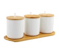 heavenlife 3 Pcs Botes Especias de Cerámica, 300ml Tarros de Cerámica, Recipientes para Especias con Tapa de Bambú y Cuchara, Azucarero para Guardar Azúcar, Sal y Otros Condimentos en su Cocin