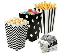 heavenlife 48 Piezas Cajas Palomitas Carton Pequeñas,3 Estilos Cartones de Palomitas,Vasos de palomitas Bolsa de Palomita,Cajas de Palomita de Maíz para Noches de Cine Fiestas Cumpleaños (Negro)