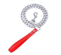 Heavy Duty Anti-Bite Dog Chain Leash - Chew Training Leash with Leather Handle(Red, M 3 mm x 120 cm)