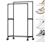 Heavy Duty Garment Rack - Double Rods Display Rack For Suspending Clothes | Rolling Clothes Organizer | PP Fittings + Pipe Construction - For Coats Shirts Dress - Multi-functional Bedroom Storage For