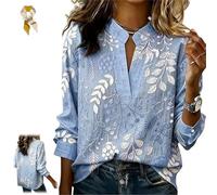 Heavy Industry Stand Collar Embroidered Blouse,Women's Elegant Spring Summer V-Neck Long Sleeve Floral Embroidered Top (FR/ES, Letras, XXL, Regular, Regular, Blue)