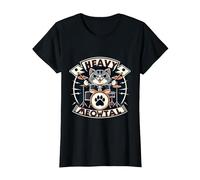 Heavy Meowtal Rock Music Baterista Gato Camiseta, Mujer, Negro, 3XL