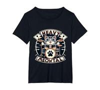 Heavy Meowtal Rock Music Baterista Gato Camiseta, Mujer Tallas Grandes, Negro, 3XL Grande
