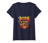 Heavy Metal Born to Raise Hell Rocker Rebel Lema Camiseta Cuello V, Mujer, Azul Marino, L