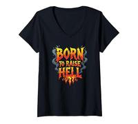 Heavy Metal Born to Raise Hell Rocker Rebel Lema Camiseta Cuello V, Mujer, Negro, M