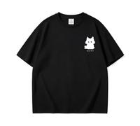 Heavyweight Pure Cotton tee, Japanese Cartoon Cat Print, Unisex Loose Casual Short Sleeve Top for Couple Daily Wear - Negro - 4X-Grande