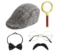 HEAWAA 5Pcs Accesorios de Disfraz de Detective, Accesorios para Disfraz de Sherlock Holmes con Sombrero de Detective Gafas de Bigote Falso Lupa Pajarita Detective para Cosplay