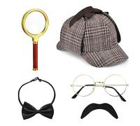 HEAWAA 5Pcs Accesorios de Disfraz de Detective, Accesorios para Disfraz de Sherlock Holmes con Sombrero de Detective Gafas de Bigote Falso Lupa Pajarita Detective para Cosplay