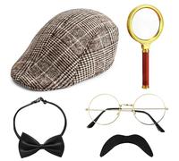 HEAWAA 5Pcs Accesorios de Disfraz de Detective, Accesorios para Disfraz de Sherlock Holmes con Sombrero de Detective Gafas de Bigote Falso Lupa Pajarita Detective para Cosplay