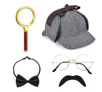 HEAWAA 5Pcs Accesorios de Disfraz de Detective, Accesorios para Disfraz de Sherlock Holmes con Sombrero de Detective Gafas de Bigote Falso Lupa Pajarita Detective para Cosplay
