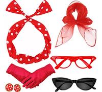 HEAWAA Años 50 Accesorios de Disfraz, 6 Piezas 50‘s Disfraz Kit para Mujeres con Guantes Lunares Bandana 2 Pares Gafas Pendientes para Retro Fiesta Carnaval