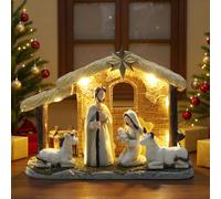 Hebaogugu Juego de belén de Navidad, belén de Navidad 2025 con luz, resina hecha a mano, escena de mesa del Jesús del nacimiento para decoración del hogar (mediano, 5 piezas)