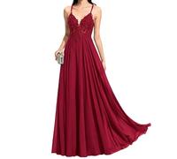 HEBE RUGS Vestido de Dama de Honor de Gasa con Apliques de Encaje for Mujer, Cuello en V, Tirantes Finos, Vestido de Fiesta, Vestido de Noche Formal(B,24)