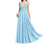 HEBE RUGS Vestido de Dama de Honor de Gasa con Apliques de Encaje for Mujer, Cuello en V, Tirantes Finos, línea A, Vestido Formal de Noche, Longitud hasta el Suelo(B,8)
