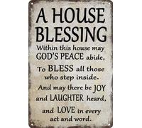 HEBELYX Funny Home Women God Bless Our Home Christian This House - Letrero de metal para colgar en la pared de despensa, placa de bendición, regalo de inauguración de la casa, bienvenido a la familia