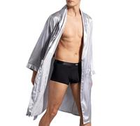 HEBEOT Conjunto de pijama de seda satinada para hombre, kimono, bata de baño, ropa de dormir con manga larga y cinturón, para verano y todas las estaciones en azul marino o gris plateado (2XL, gris