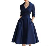 HEBEOT Elegante vestido de satén acampanado para mujer con cuello vuelto, manga larga, longitud media, cintura media, vestido de noche para invitada de boda, cóctel, fiesta, vacaciones, albaricoque