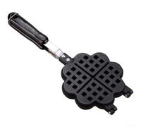 HEBEOT Wafflera antiadherente de hierro con forma de corazón y floral, bandeja para hornear con mango de aleación para cocina, desayuno, cocina, color negro, 29,97 x 14,8 cm (C)