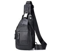 Hebetag Mochila cruzada de cuero para hombres y mujeres, viajes, acampadas al aire libre, Negro, Mochilas Daypack