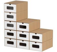 Hebitod 20 cajas de almacenamiento para zapatos, color blanco/marrón con ventana, plegables, 35 x 23 x 13,5 cm, apilables, cajas para zapatos, cajón, caja multiusos de cartón kraft para hasta la talla
