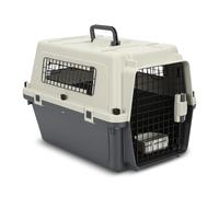 Hebitod Baúl para mascotas de plástico PP con puerta y ventana de metal con asa, 60,4 x 42 x 39,8 cm, incluye orina y recipiente colgante para comida para perros y gatos en gris y blanco