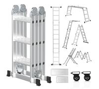 Hebitod Escalera multiusos 4 x 3, 7 en 1, escalera telescópica de aluminio, 366 cm, escalera multifunción con 2 plataformas y ruedas, carga máxima de 150 kg, escalera plegable con 12 peldaños