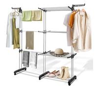 Hebitod Tendedero extensible 2 en 1, longitud 75 - 150 cm, plegable con 4 niveles y 2 alas laterales giratorias para interior y exterior, secadora de pie con ruedas