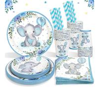 Heboland Platos de papel para decoración de baby shower para 25 invitados, 125 platos de elefante azul para baby shower, tazas y servilletas para niños, suministros de decoración de bautizo