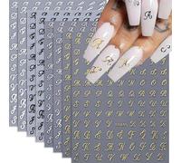 Hebterrka 8 Hojas Letras Pegatinas de Uñas Inglés Antiguas Decoraciones 3D Autoadhesivas en Oro, Plata, Negro, Blanco, Retro Patrón