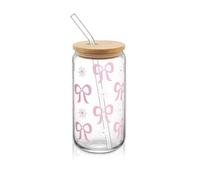 Hebterrka Aesthetic Clean Girl Vaso de Cristal con Tapa y Pajilla, Vaso con Lazo Rosa, Incluye Pajilla de Cristal, Pajilla de Metal y Cepillo de Limpieza