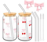 Hebterrka Clean Girl Aesthetic Vaso Con Tapa Y Pajita, Set De 2 Vasos Con Lazos Rosados, Incluye Pajita Y Cepillo De Limpieza