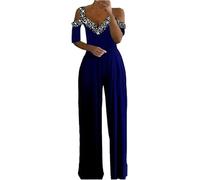 Hecatombic Mono Holgado Elegante Brillante Con Cuello En V Sexy Para Mujer Moda Informal De Negocios Cóctel Cena Vacaciones Viaje Fiesta Mono (Azul,M)