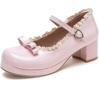 Hecatombic Zapatos De Plataforma con Tacones Gruesos para Mujer, Estilo Kawaii, con Encaje Y Mariposas Lolita (Rosa,40)