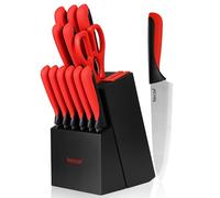 hecef Cuchillos Cocina, 13 Piezas Juego de Bloque de Cuchillos de Cocina de Madera con Afilador Incorporado, Cuchillos de Acero Inoxidable para Picar, Rebanar, Cortar en Dados y Cortar (Rojo)