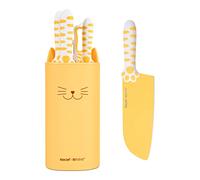 hecef Set de Cuchillos 5 Piezas Amarillo - Diseño Patentado de Garra de Gato, Hojas de Acero Inoxidable Antiadherente, Mango Ergonómico Bicolor PP+TPR, Bloque Desmontable de Gato, Regalo Original