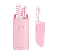 hecef Set de Cuchillos 5 Piezas Rosa - Diseño Patentado de Garra de Gato, Hojas de Acero Inoxidable Antiadherente, Mango Ergonómico Bicolor PP+TPR, Bloque Desmontable de Gato, Regalo Original