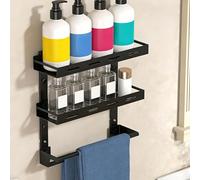 HECHKJ Estanteria Baño Pared con Toallero, Multifuncional Organizador de Baño Doble Capa, Estanteria Ducha Sin Taladro Regulable en Altura, Negro Soporte Shampoo Chuveiro, para Baño, Cocina y Balcón