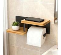 HECHKJ Soporte Papel Higiénico Pared Madera, Colgador Papel Higienico, Portarrollos con Dos Bandejas de Madera Soporte Papel Higienico, Apto para Rollos de Papel y Artículos Pequeños.