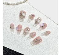 Hecho a mano con clavo rosa rosa largo lindo parche de uñas con uñas extraíble y reutilizable (tamaño: M)